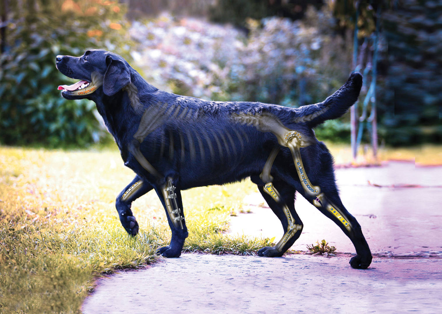 Black lab with bones and implants super imposed over the top